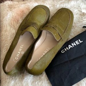 AUTH CHANEL GREEN LOAFER 8.5